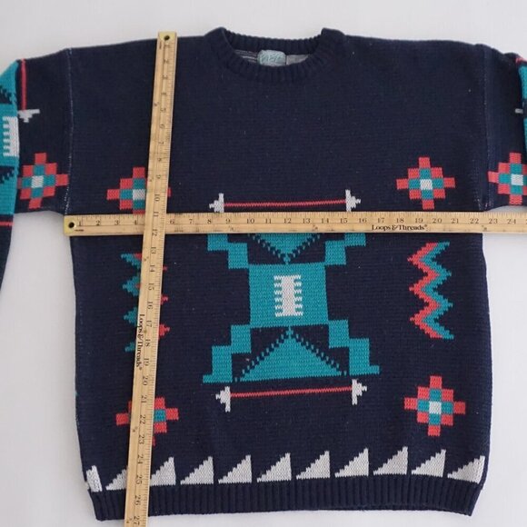 Vintage '80s B.E-Z Navy Teal Aztec Biggie Cosby Chunky Knit Crewneck Sweater L - Picture 3 of 9